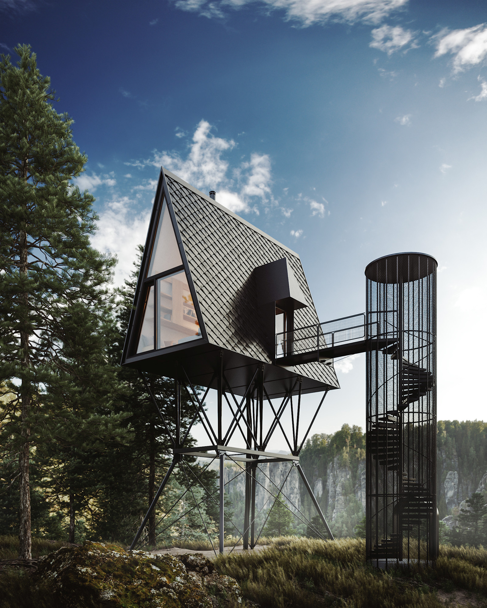 Fotorealistische CGI-Szene: Cabin im Wald